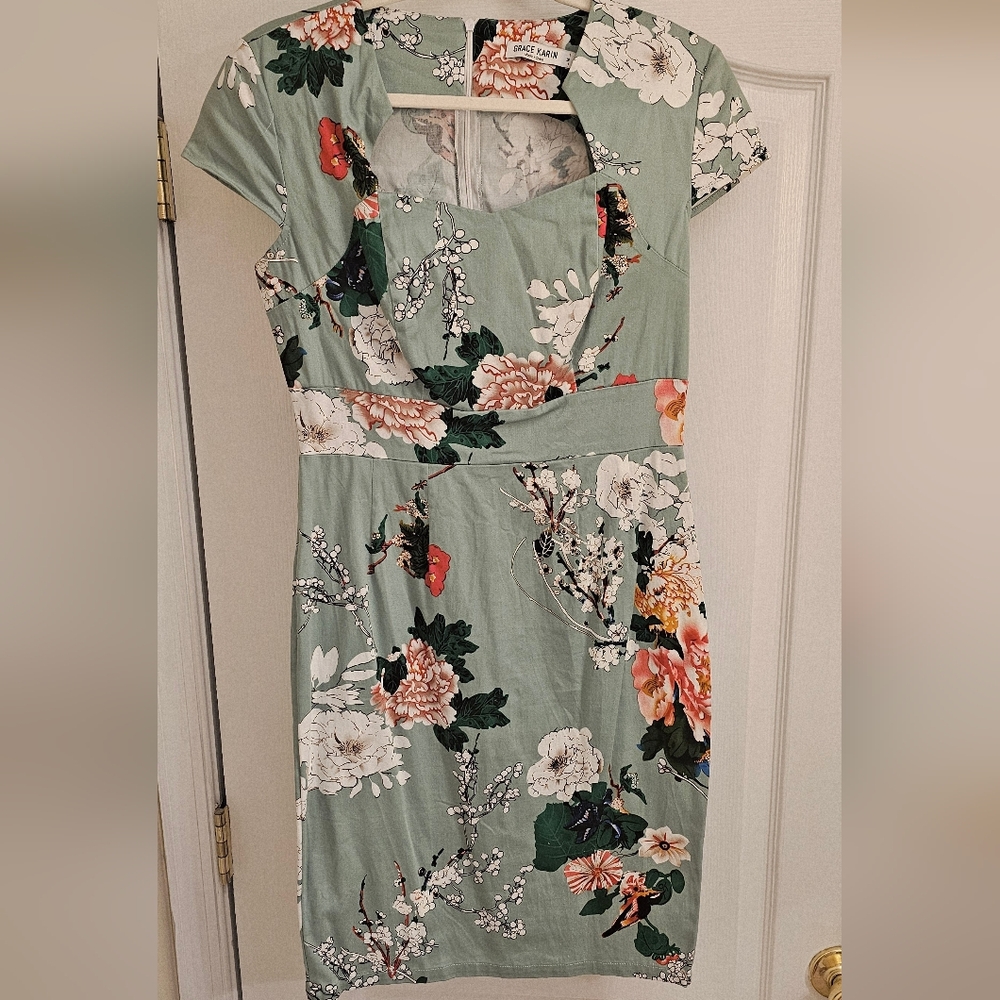 Grace Karin Floral Print Green Dress